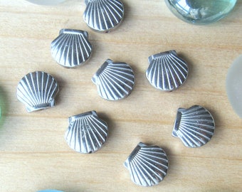 Hematite Seashell beads charms, set of 8, silver ocean beads, focal beads, spacers beads, summer beads, sea life beads, shell beads, sea