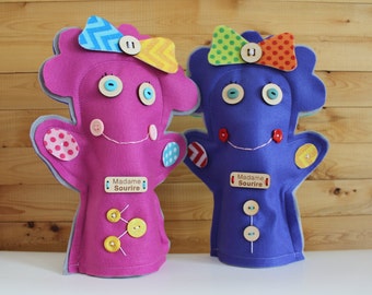Marionnette à main en feutre, pour main d'adulte ou enfant. Madame Sourire et Monsieur Grognon.