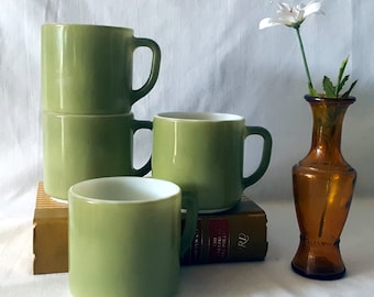 Vintage Set of Four Fire King Mugs, Avocado Green, Milk Glass, Stackable Coffee Mugs
