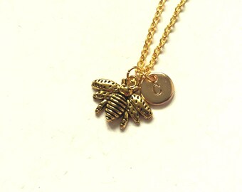 Antique Gold Bee Necklace, Bee Charm Necklace, Insect Necklace, Personalized Initial Necklace, Initial Charm, Monogram Necklace (A1)