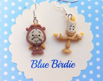 Disney Beauty and the Beast earrings Disney jewelry Cogsworth and lumiere Disney jewellery Disney earrings Disney dangle earrings gifts