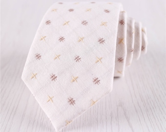 Ivory White Cross Pattern Jacquard Cotton Neck Ties, Men's Gift Boxed Novel Geometric Necktie with Standard 3 inch/7.5 cm Width-NT.151S