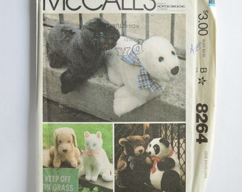 1980s UNCUT McCall's Crafts Sewing Pattern 8264 Vintage Retro Stuffed Plush Animals, Bear, Panda, Seal, Dog, Cat
