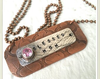 Copper and Sterling Silver pendant with Pink Cubic Zirconium Stamped "Blessed Mom"