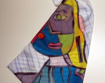 Hand painted Silk Mini - Picasso style - Silk scarflette - 27.5x27.5 (70 x 70 cm) Hand painted Silk scarf. Silk mini-scarf . Woman scarf.