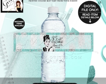 Audrey Hepburn 35th Birthday Party, Water Bottle Labels Favors, Wrappers, Stickers Gifts, Decorations, Digital File Only {8x2" 5 Per/Sheet}.