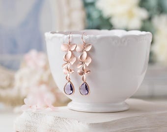 Amethyst Purple Crystal Rose Gold Orchid Flower Long Dangle Earrings, Purple Wedding Bridal Earrings, Bridesmaid Gift, February Birthstone