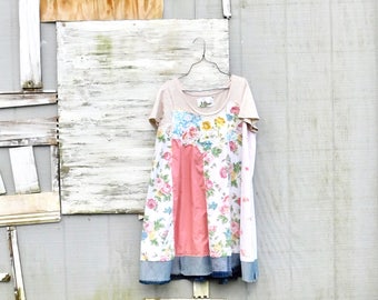 Summer Dress, Womens Tunic, Upcycled Clothing, Tshirt Dress, Spring Dress, Plus Size Dress, Floral, Tunic, Upcycled Dress, CreoleSha