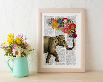 Elephant with Flowers -wall art Wall decor art prints - Elephant decor - Print vintage dictionary book page ANI091b