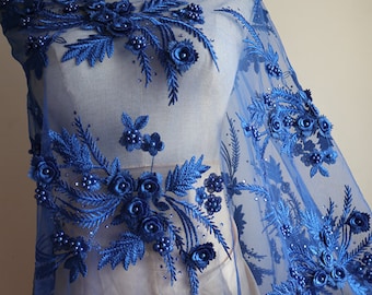 royal blue DIY 3D flowers beaded lace fabric, bridal wedding lace fabric dance costumes accessories