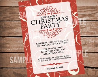 Elegant Christmas Party Invitation- Holiday Party- Red, Burgandy, Classic