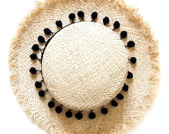 Frayed Straw Hat with Pom Poms | Beach Fashion | Summer | Sun Hat