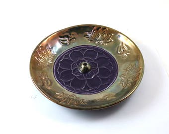 Lotus-Aum Incense Burner Handmade Raku Ceramic Pottery
