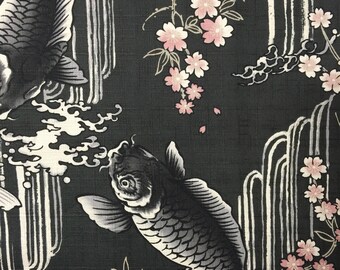 Carp, Waterfall, and Cherry Blossoms Japanese cotton dobby fabric Koi Sakura BLACK IGA-14240-2B