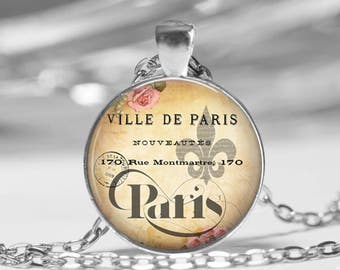 Paris France Vintage Inspired Glass Photo Pendant Necklace or Key Chain France Paris French Eiffel Tower Fleur De Lis Travel Jewelry