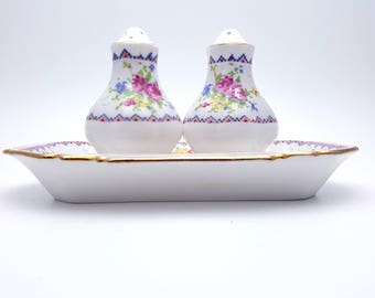 Royal Albert Salt and Pepper Shakers with Matching Platter Petit Point Made in England Shabby Chic Cottage Chic Decor Table Centerpiece