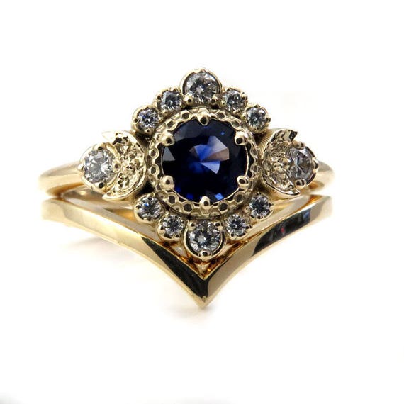 Sapphire and Diamond Engagement Ring Set - Triple Moon Boho Wedding Set with Chevron Wedding Band