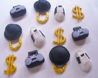 12 Old School HIP HOP RAP Theme Edible Fondant Cupcake Toppers Birthday