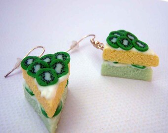 Hand made miniature kiwi cake polymer clay jewelry earrings