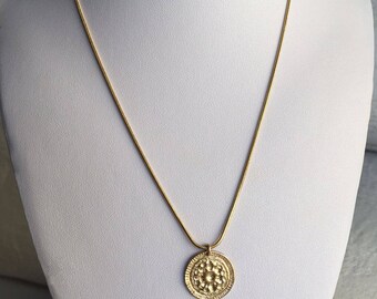 Gold coin necklace Gold hammered necklace 14k gold medallion necklace gold coin pendant Greek coin necklace gold sun pendant necklace flower