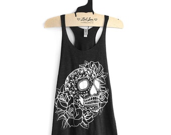 SALE XL- Tri-Blend Black Racerback Tank with Sugar Skull Screen Print
