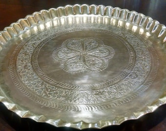 Vintage Brass Tray / Brass Charger / Butler's Tray / Huge Brass Tray / Etched Tray / Ornate Tray / 22 Inch Brass Tray / Brass Serving Tray