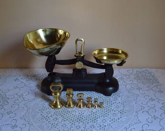 Vintage English "Librasco" scales with brass bell shaped weights/kitchen scales with brass bells