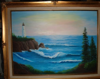 Lighthouse and ocean painting