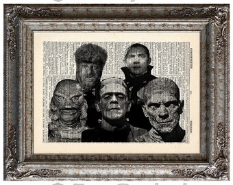 Classic Movie Monsters on Vintage Upcycled Dictionary Art Print Book Art Print Recycled Frankenstein Dracula Mummy Wolfman bookworm gift
