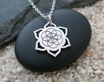 Seed of Life Lotus Necklace, Sterling Silver Seed of Life Lotus Charm, Yoga Jewelry