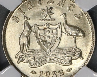 1938 NGC MS 62 Australia 6 Pence George VI Mint State First Year Sterling Silver Coin (18061701C)