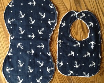 Anchors Nautical Burp Cloth and Bib Set for Baby Boy, Chenille and Flannel