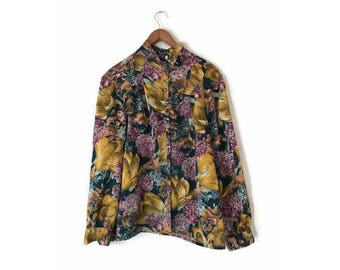 Vintage Navy Blue SILK Blouse Button Down Top Long Sleeve Silky Top 1970s Boho clothing Floral Blouse 70s Womens Large