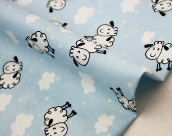 Cotton Fabric Super Cute Sheep Blue By The Yard