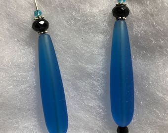 Earrings - Cobalt Seaglass with black crystal