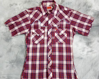 Ely Plains red plaid shirt, short sleeve, button down, western, pearl snap button slim fit shirt, medium