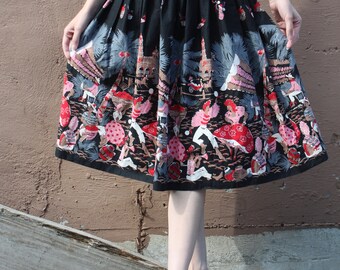 Collectible Vintage 1950's Border Print Skirt // 50s Novelty Calypso Print Skirt // Black Pink and Red Scenic Dancing Print Skirt