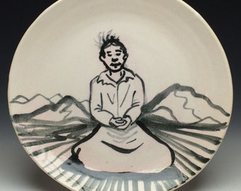Ceramic Plate Buddha Painting Serving Meditation Dish, Black and White Art