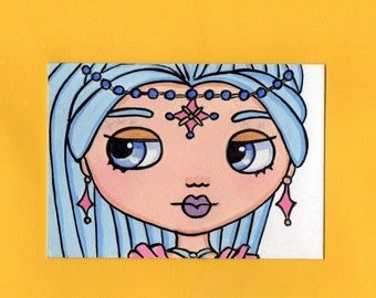 ACEO Original Miniature Painting Blythe doll face Ice Genie Layla from shimmer & shine Art Artist Trading Card