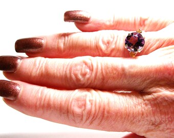 AAA amethyst, amethyst 3 stone ring, anniversary ring, amethyst jewelry, amethyst ring, purple orange, s 6 1/2 "Purple Mountains Majesty"