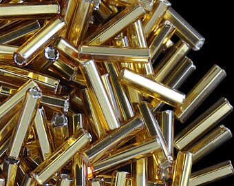 20gr Preciosa Czech Beads Bugles, round profile with square hole, size 9x2,1 mm, Amber Silver Lined (BSB078)