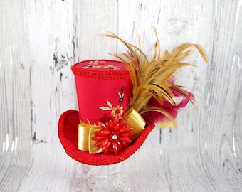 Embroidered Red and Gold Empress Collection Large Mini Top Hat Fascinator, Alice in Wonderland, Mad Hatter Tea Party, Derby Hat