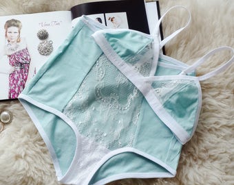 BLUE LACE LINGERIE set ~ Bridal lingerie set, High waisted panties, Bralette high waisted knickers, sheer lingerie, wedding lingerie