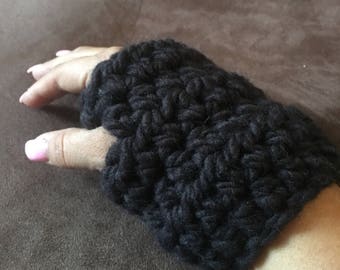 Black Crochet Fingerless Hand Warmers, Mittens, Wrist Warmers,