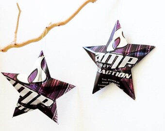 Amp Energy Choice of Red, Green or PurpleTraction Stars Christmas Ornaments Soda Can Upcycled
