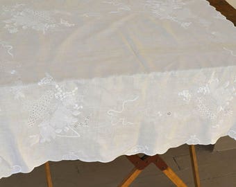 White Table Topper, White Tablecloth, 33" by 33". Embellished Tablecloth