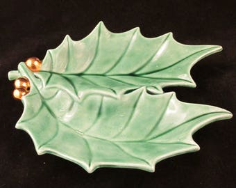 1975 Double Holly Leaf Dish with Gold Berries Ceramic Class Art Signed HR 75