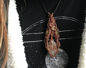 Water-Etched Quartz Peridot Moonstone Tree of Life Copper Pendant "Forest Temple"