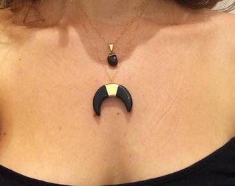 Black Agate Crescent Moon Stone 14k Gold Filled Necklace