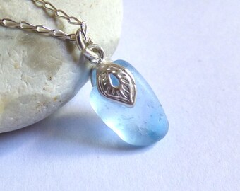 Blue Sea Glass Pendant, Seaglass Necklace, Sea Glass Jewelry, Ornate Pendant, Sterling Silver, Seaglass Jewellery, Beach Glass - P170012